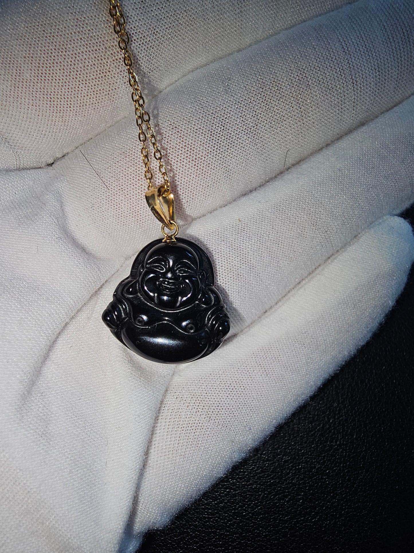 Cha'an Onyx Laughing Buddha Pendant with 14K Gold