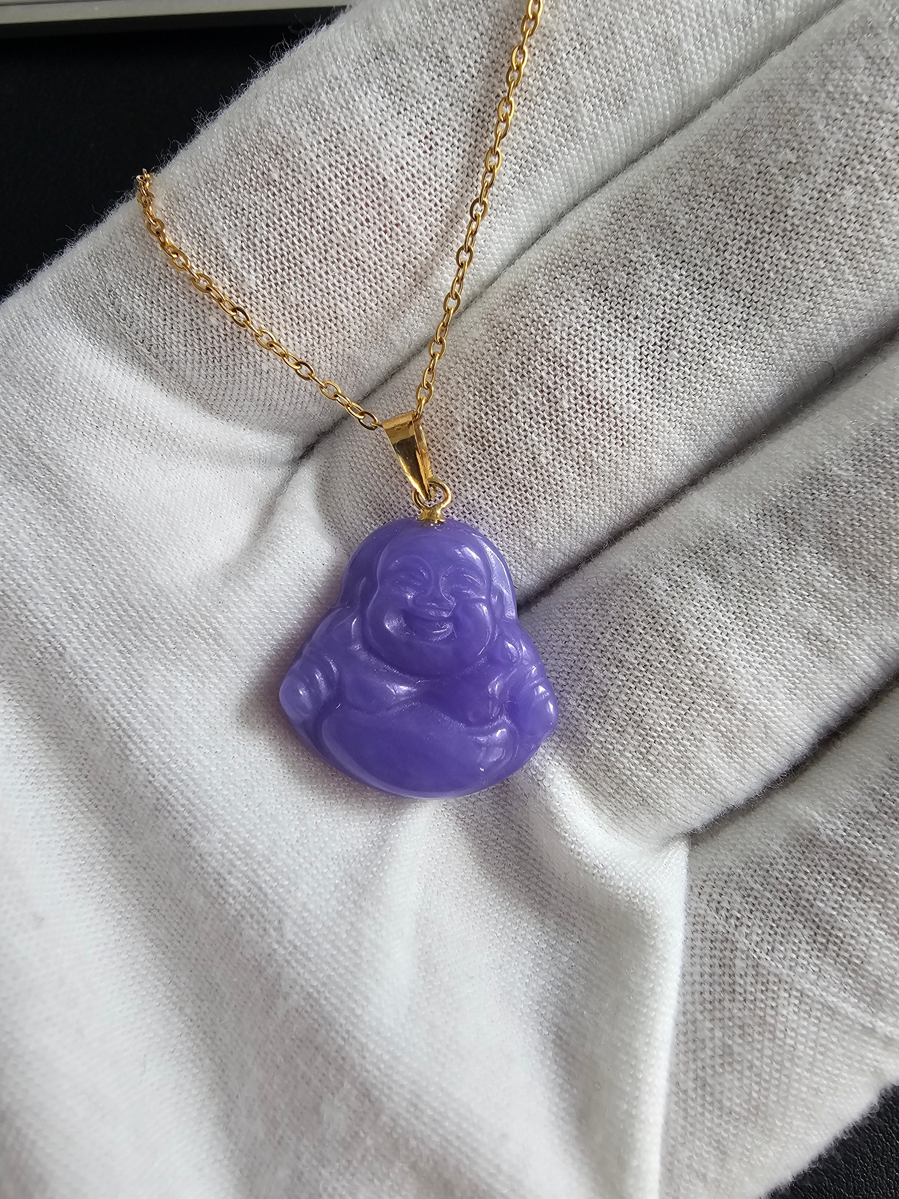 Cha an Purple Jade Laughing Buddha Pendant With 14K Yellow Gold FYORO
