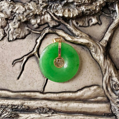 Fu Fuku Fortune Jade Pendant (with 14K Yellow Gold)