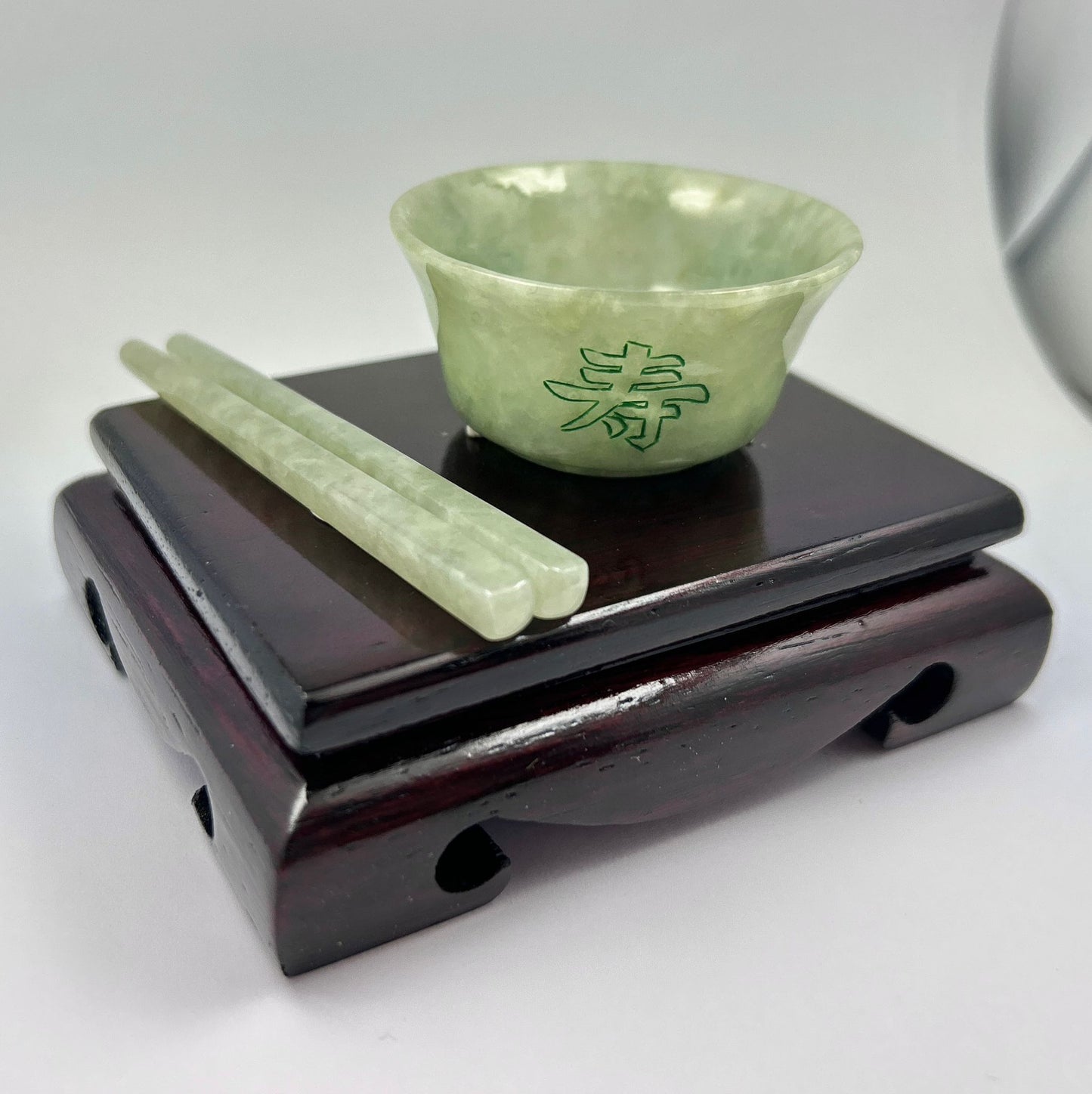 Oriental Fortune Carved Burmese A-Jadeite Bowl Set Ornament Showpiece with Stand