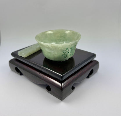 Oriental Fortune Carved Burmese A-Jadeite Bowl Set Ornament Showpiece with Stand