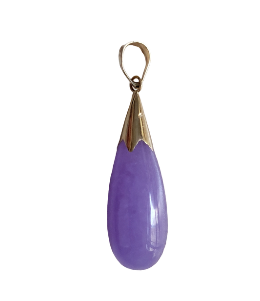 Lavender Purple Jade Long Drop Pendant (with 14K Yellow Gold)