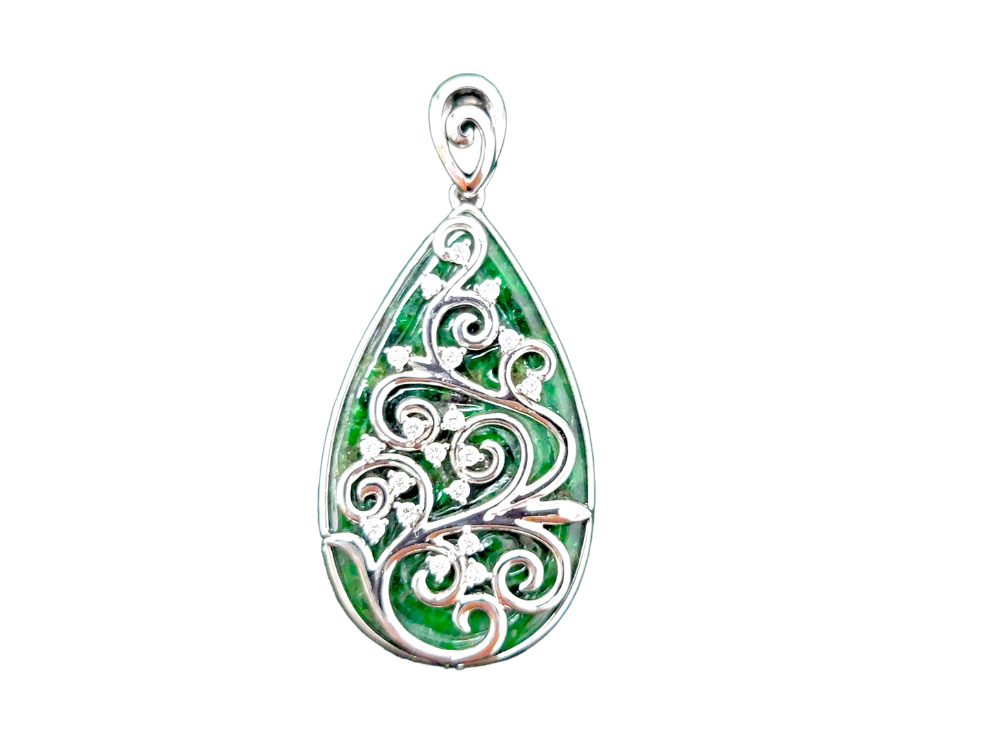 Gardens of Eden Pendant Certified (with Hand Carved Burmese A-Jadeite, 18K White Gold, and White Diamonds)