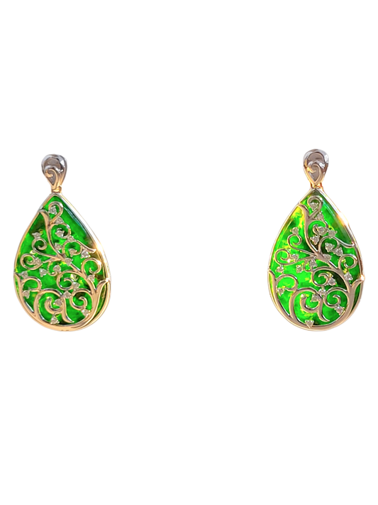 Gardens of Eden Earrings Certified (with Hand Carved Burmese A-Jadeite, 18K White Gold, and White Diamonds)