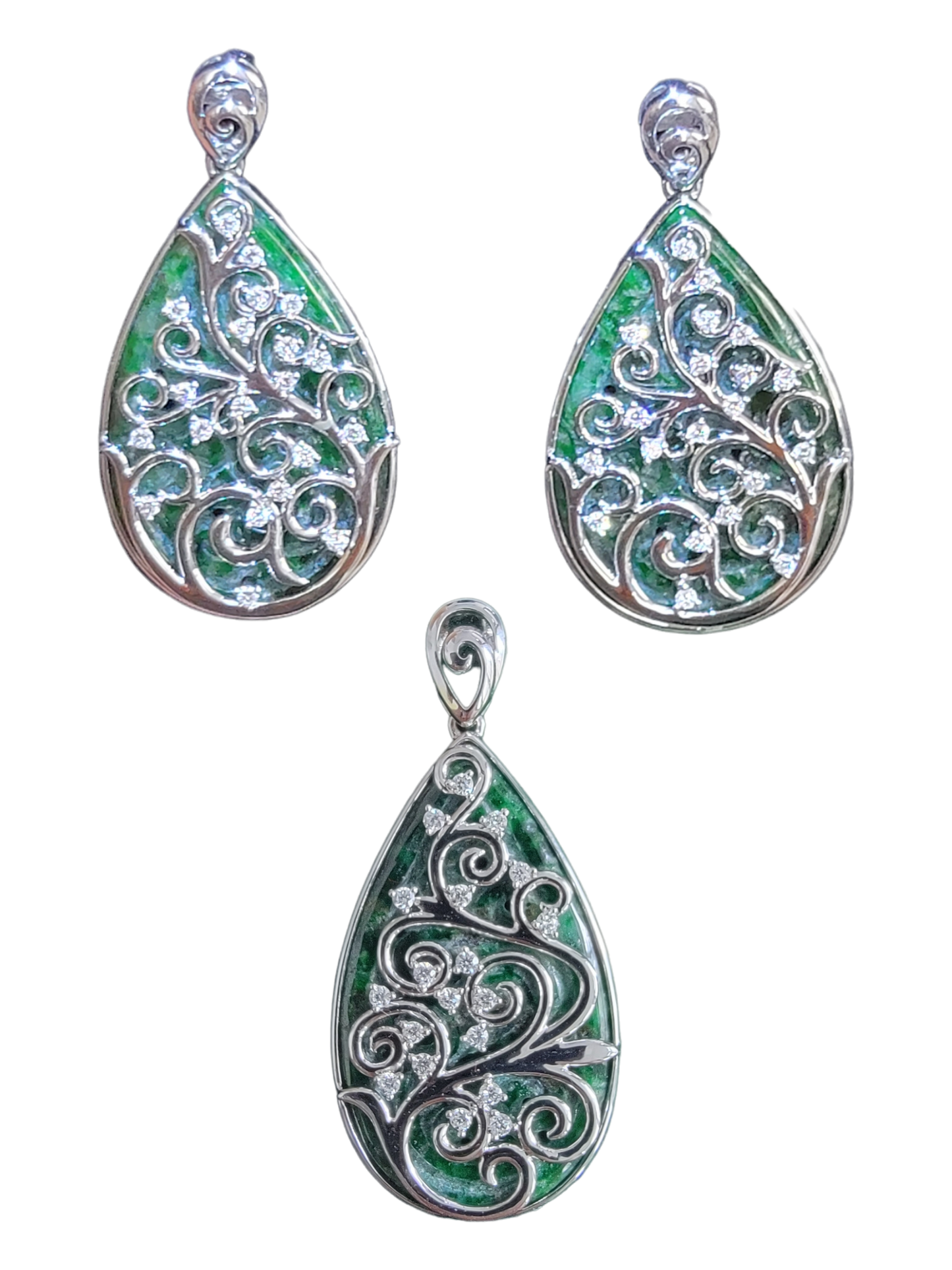 Gardens of Eden Pendant Certified (with Hand Carved Burmese A-Jadeite, 18K White Gold, and White Diamonds)