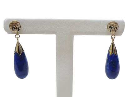 Fu Fuku Lapis Long Drop Earrings (with 14K Gold)