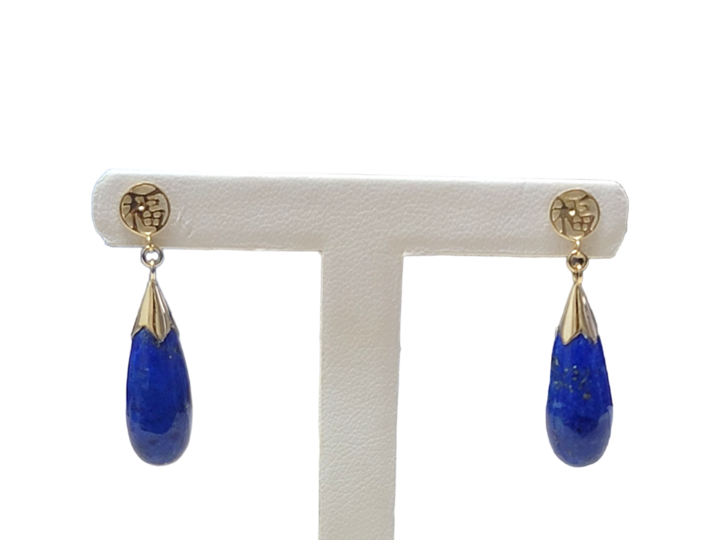 Fu Fuku Lapis Long Drop Earrings (with 14K Gold)