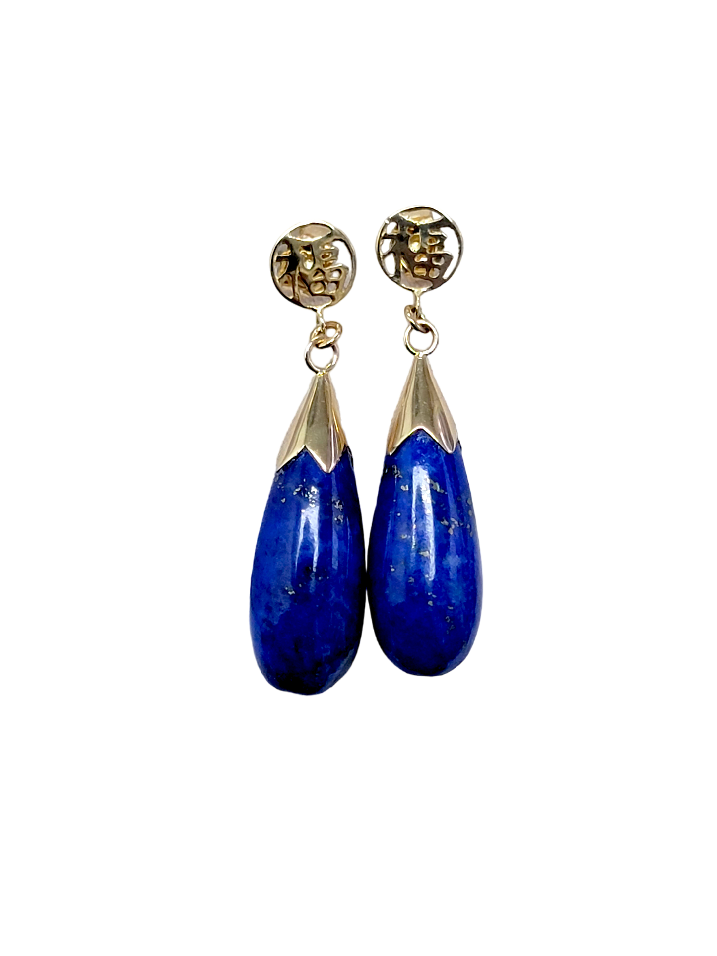 Fu Fuku Lapis Long Drop Earrings (with 14K Gold)