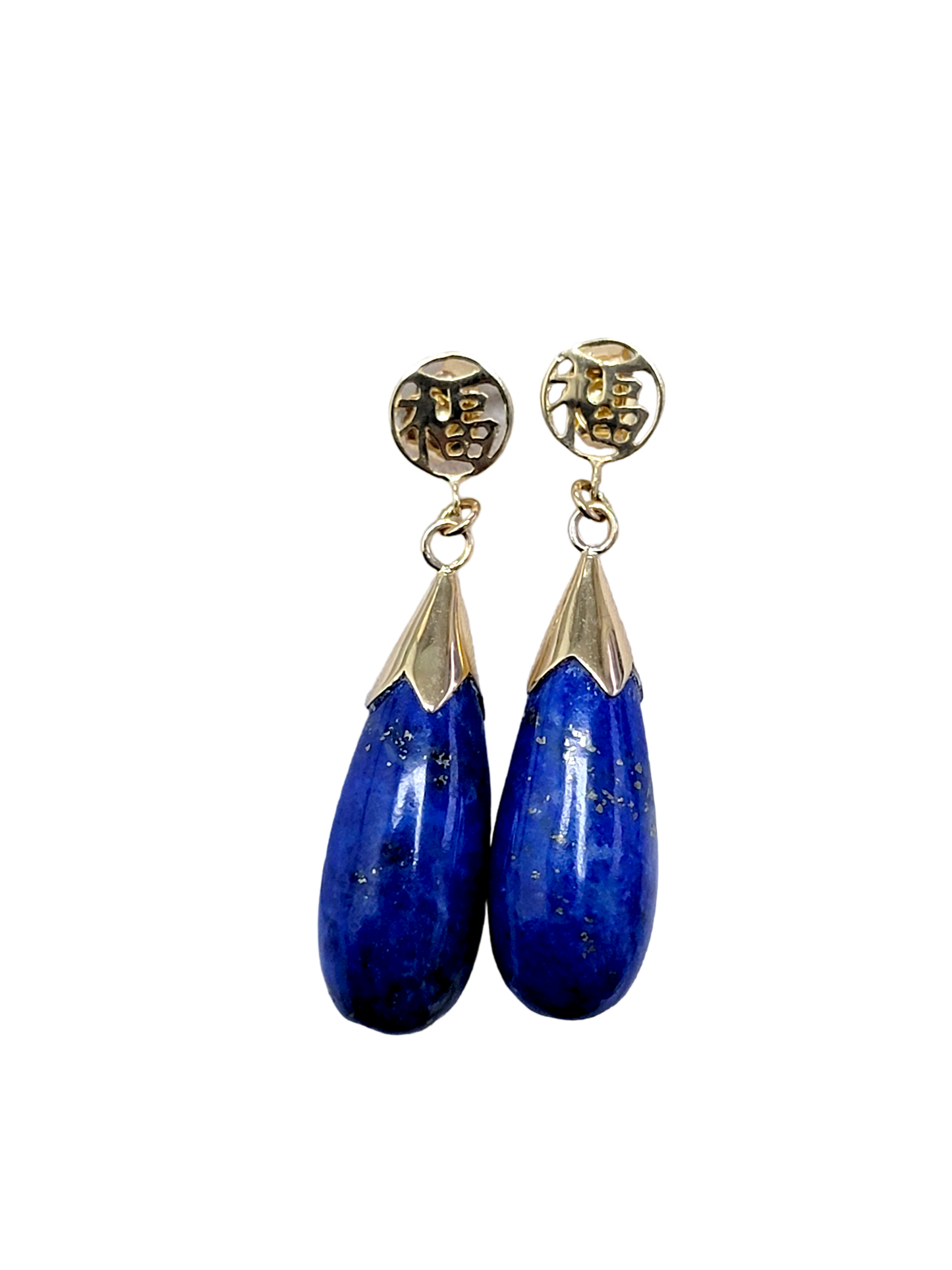 Fu Fuku Lapis Long Drop Earrings (with 14K Gold)