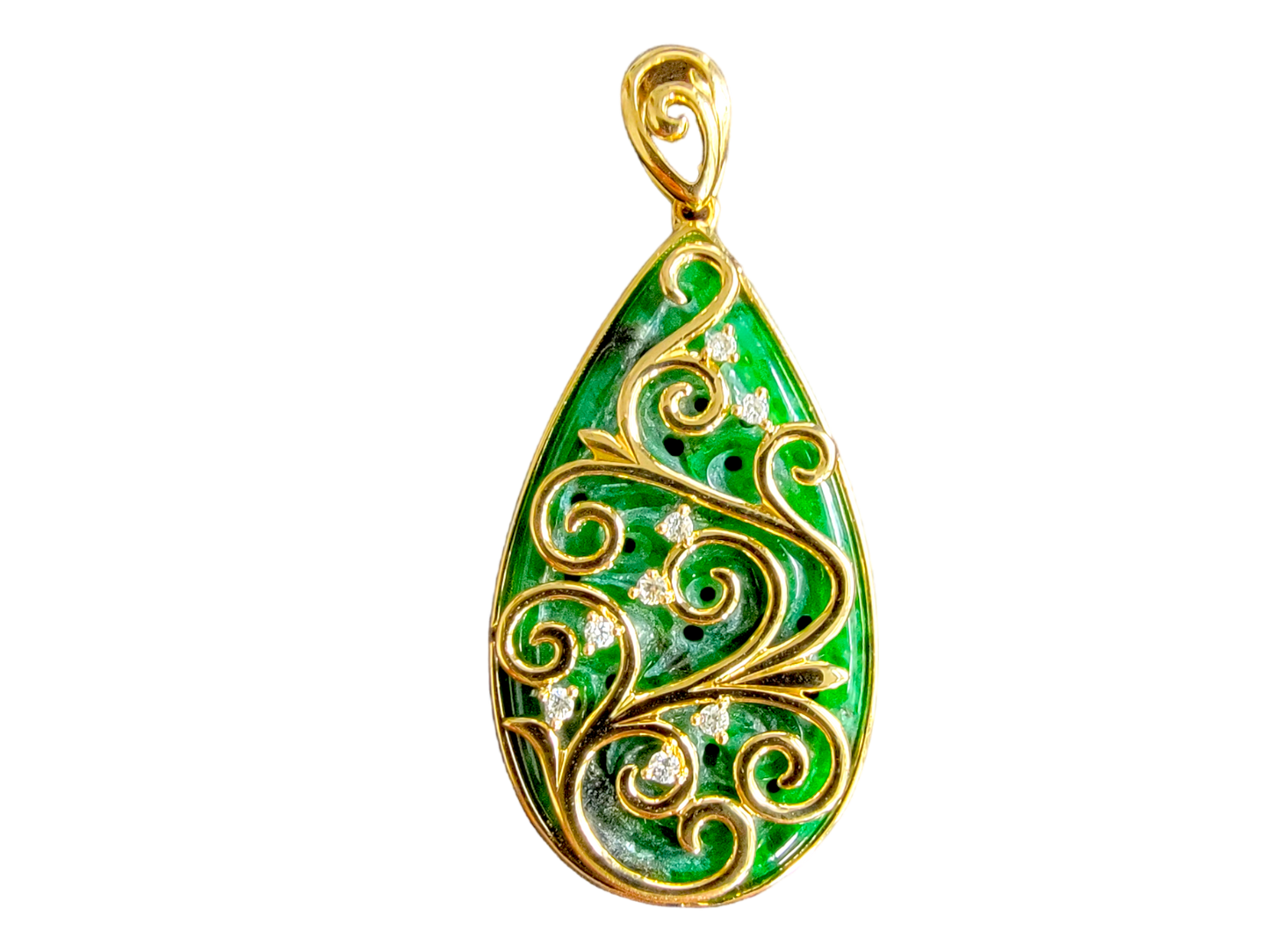 Gardens of Babylon Earrings and Pendant Set Certified (with Hand Carved Burmese A-Jadeite, 18K Yellow Gold, and White Diamonds)