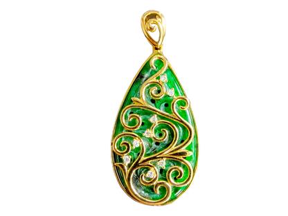 Gardens of Babylon Earrings and Pendant Set Certified (with Hand Carved Burmese A-Jadeite, 18K Yellow Gold, and White Diamonds)