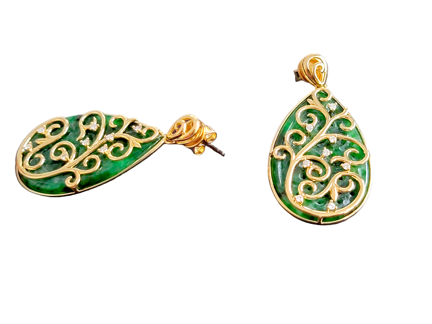 Gardens of Babylon Earrings and Pendant Set Certified (with Hand Carved Burmese A-Jadeite, 18K Yellow Gold, and White Diamonds)