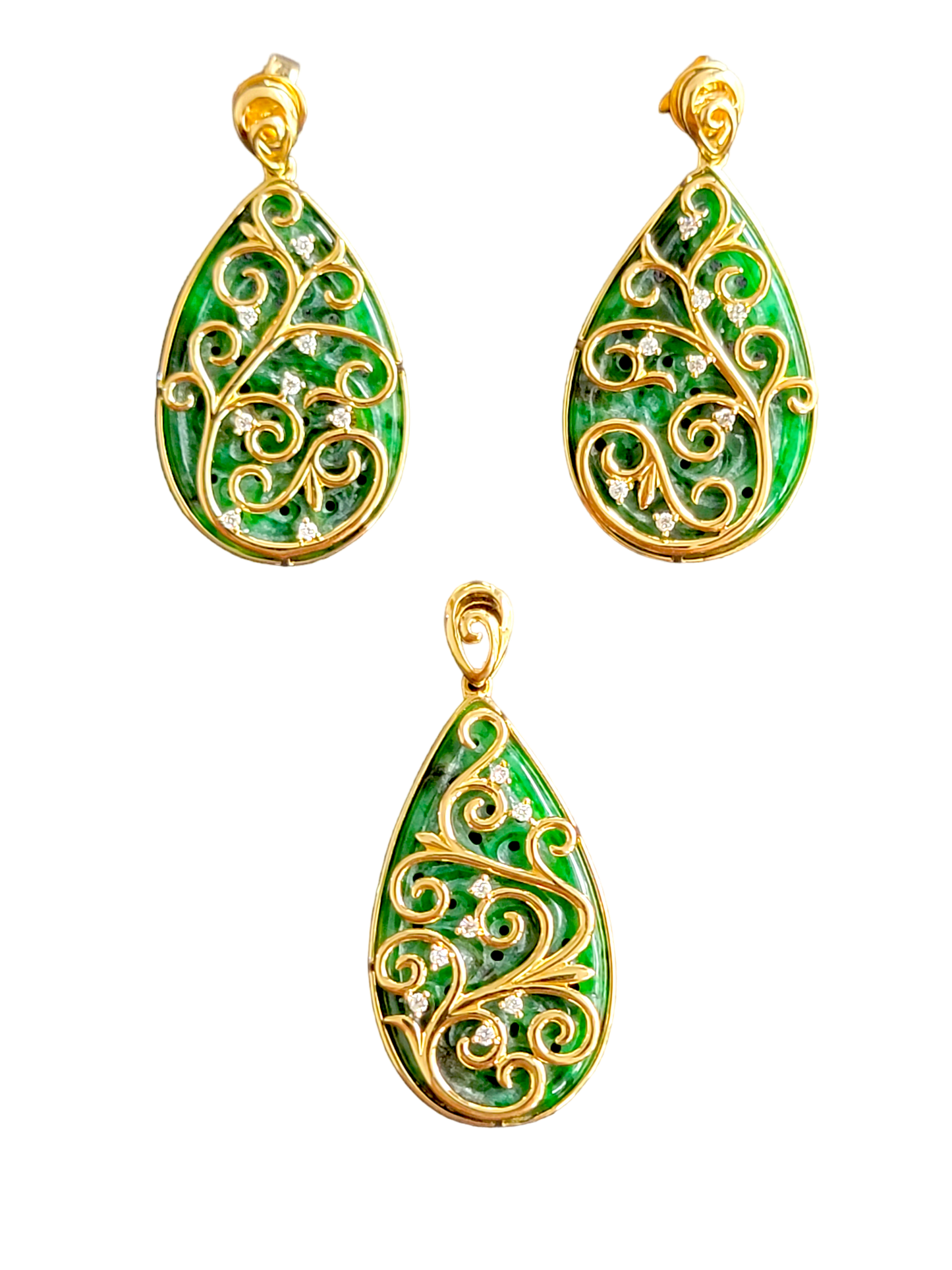 Gardens of Babylon Pendant Certified (with Hand Carved Burmese A-Jadeite, 18K Yellow Gold, and White Diamonds)