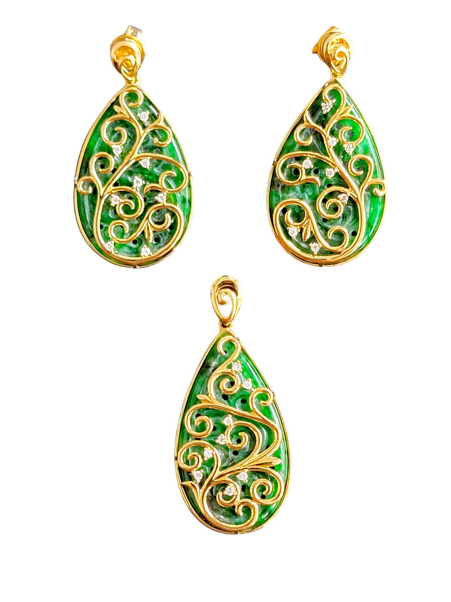 Gardens of Babylon Earrings and Pendant Set Certified (with Hand Carved Burmese A-Jadeite, 18K Yellow Gold, and White Diamonds)