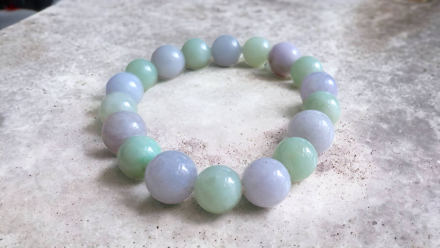 Imperial Green and Lavender Burmese A-Jade Jadeite Beaded Bracelet (10-11mm Each x 18 beads) 07002