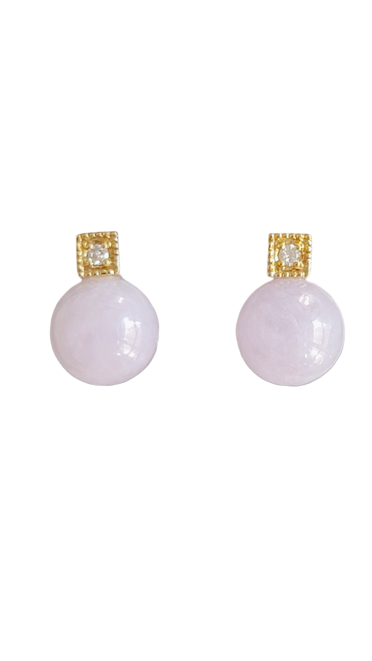 Kyoto Burmese Lavender A Jade Bulb Earrings with 14K Yellow Gold and White Round Diamonds