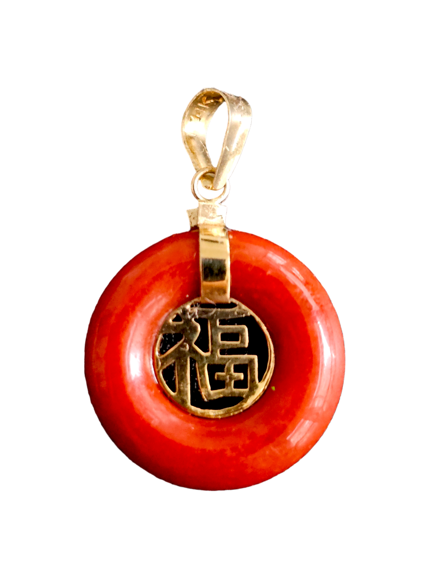 Lantau Zhong Hong Jade Fu Fuku Fortune Pendant (with 14K Yellow Gold)