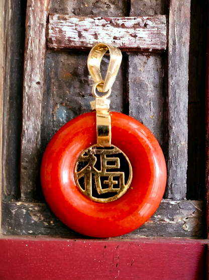 Lantau Zhong Hong Jade Fu Fuku Fortune Pendant (with 14K Yellow Gold)