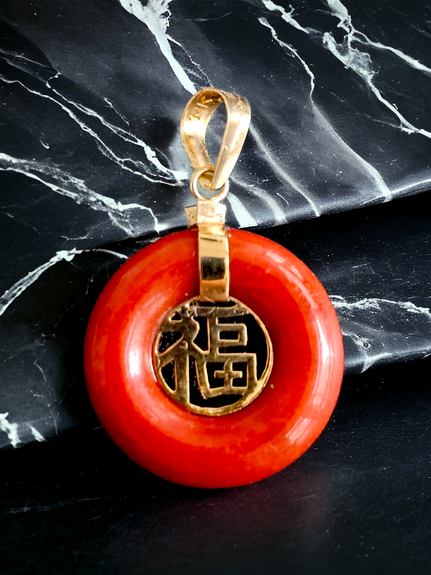 Lantau Zhong Hong Jade Fu Fuku Fortune Pendant (with 14K Yellow Gold)