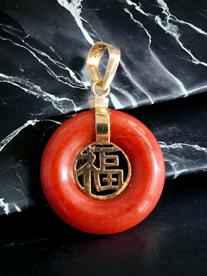 Lantau Zhong Hong Jade Fu Fuku Fortune Pendant (with 14K Yellow Gold)