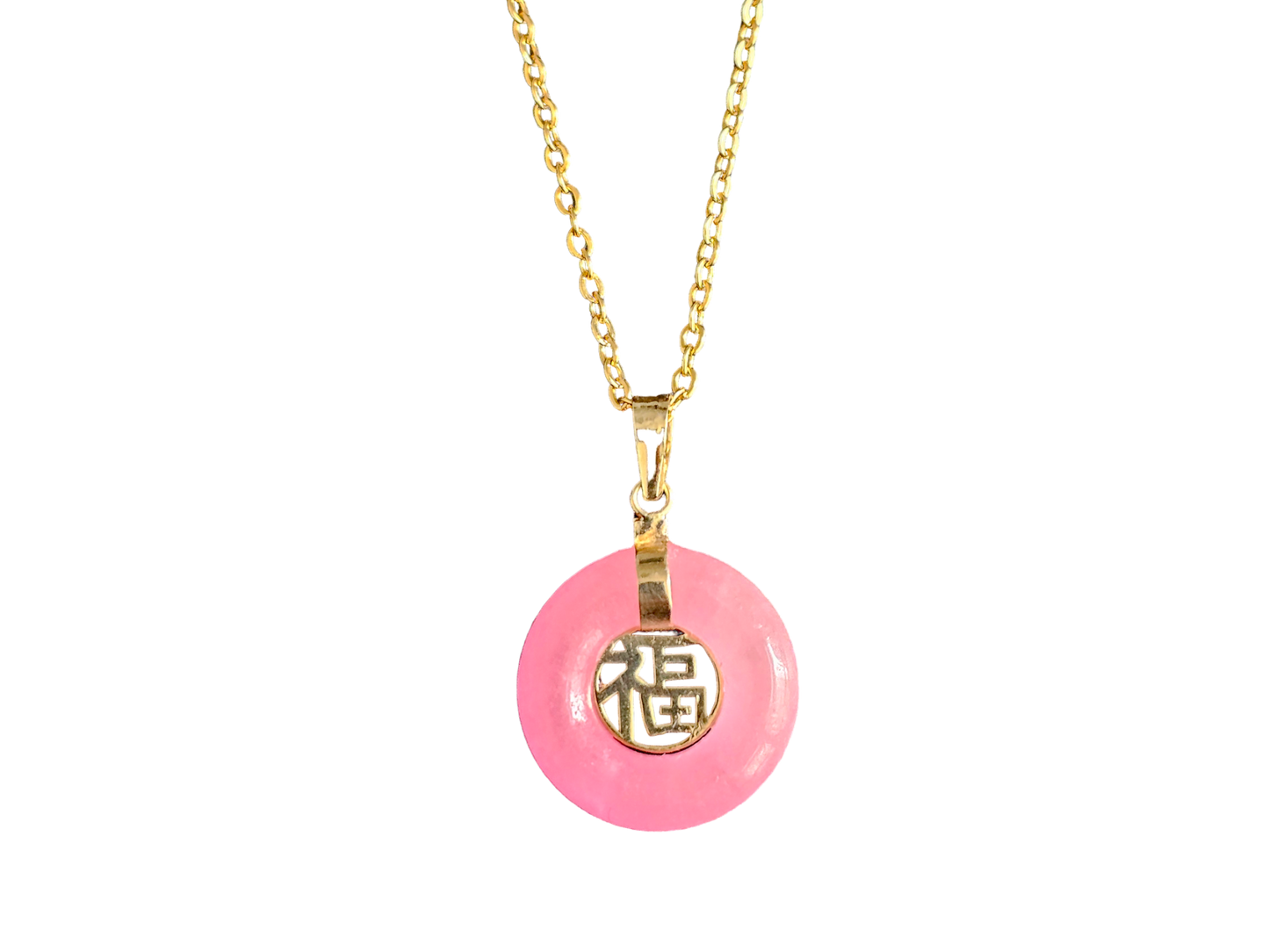 Lantau Zhong Pink Jade Fu Fuku Fortune Pendant (with 14K Yellow Gold)