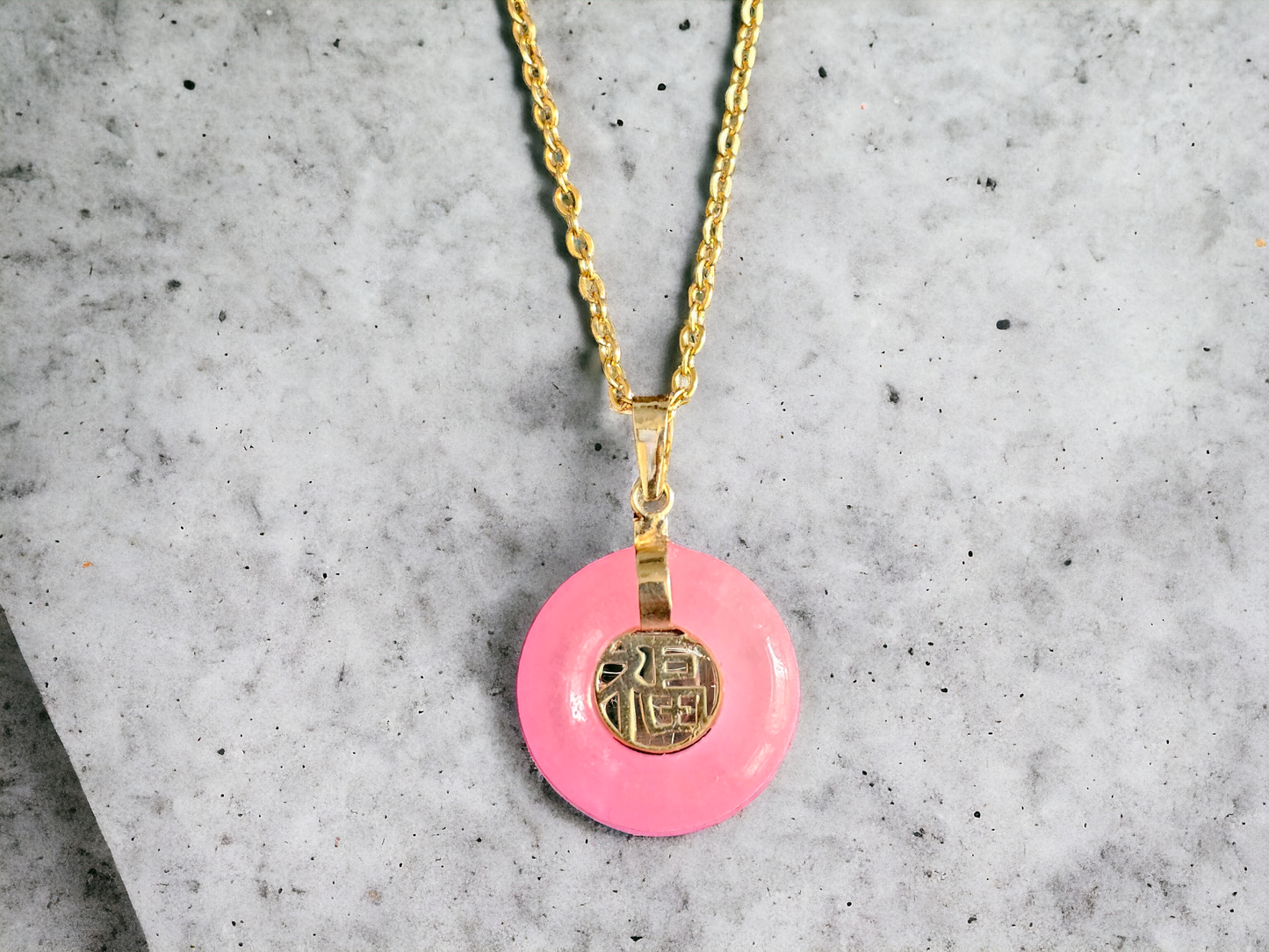 Lantau Zhong Pink Jade Fu Fuku Fortune Pendant (with 14K Yellow Gold)