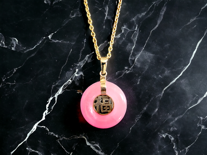 Lantau Zhong Pink Jade Fu Fuku Fortune Pendant (with 14K Yellow Gold)