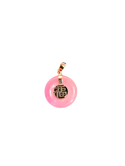 Lantau Zhong Pink Jade Fu Fuku Fortune Pendant (with 14K Yellow Gold)