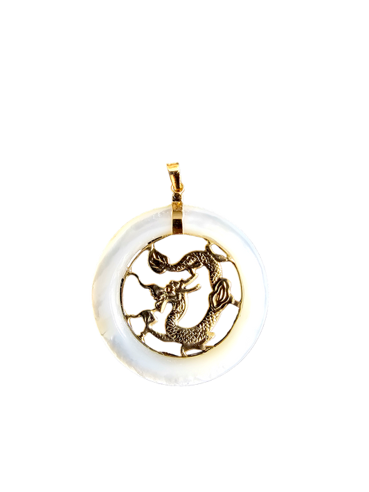 Tai Lantau White MOP Dragon Pendant (with 14K Yellow Gold)