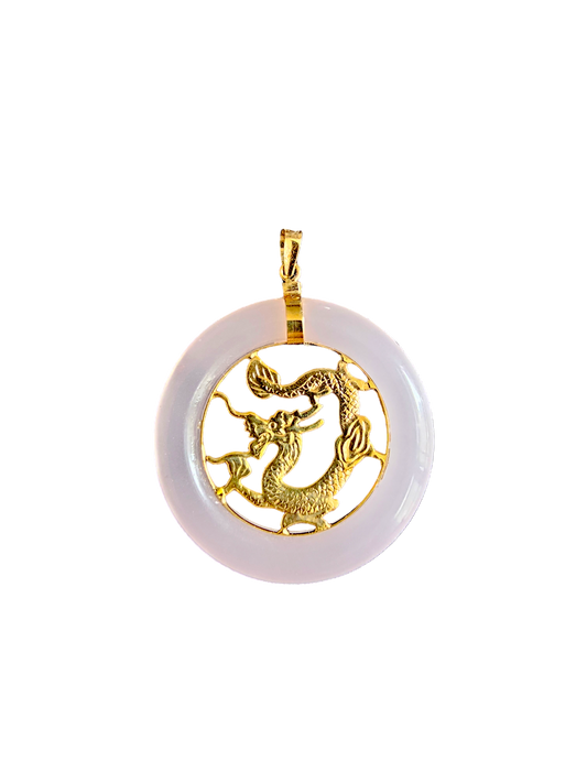 Tai Lantau Winter Pink Jade Dragon Pendant (with 14K Yellow Gold)