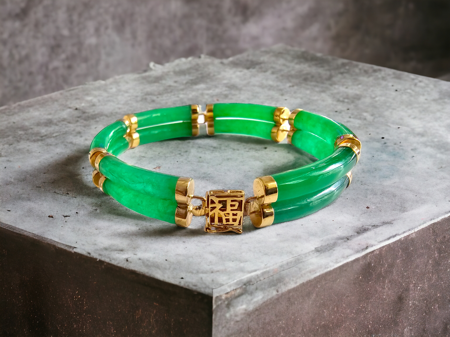 Double Fu Fuku Fortune Jade Bracelet (with 14K Gold)