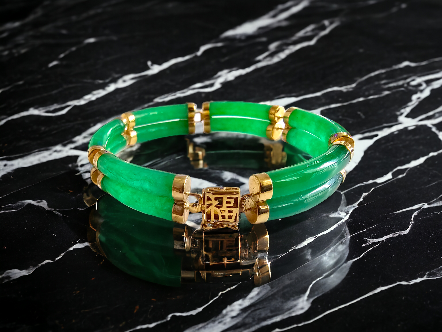 Double Fu Fuku Fortune Jade Bracelet (with 14K Gold)