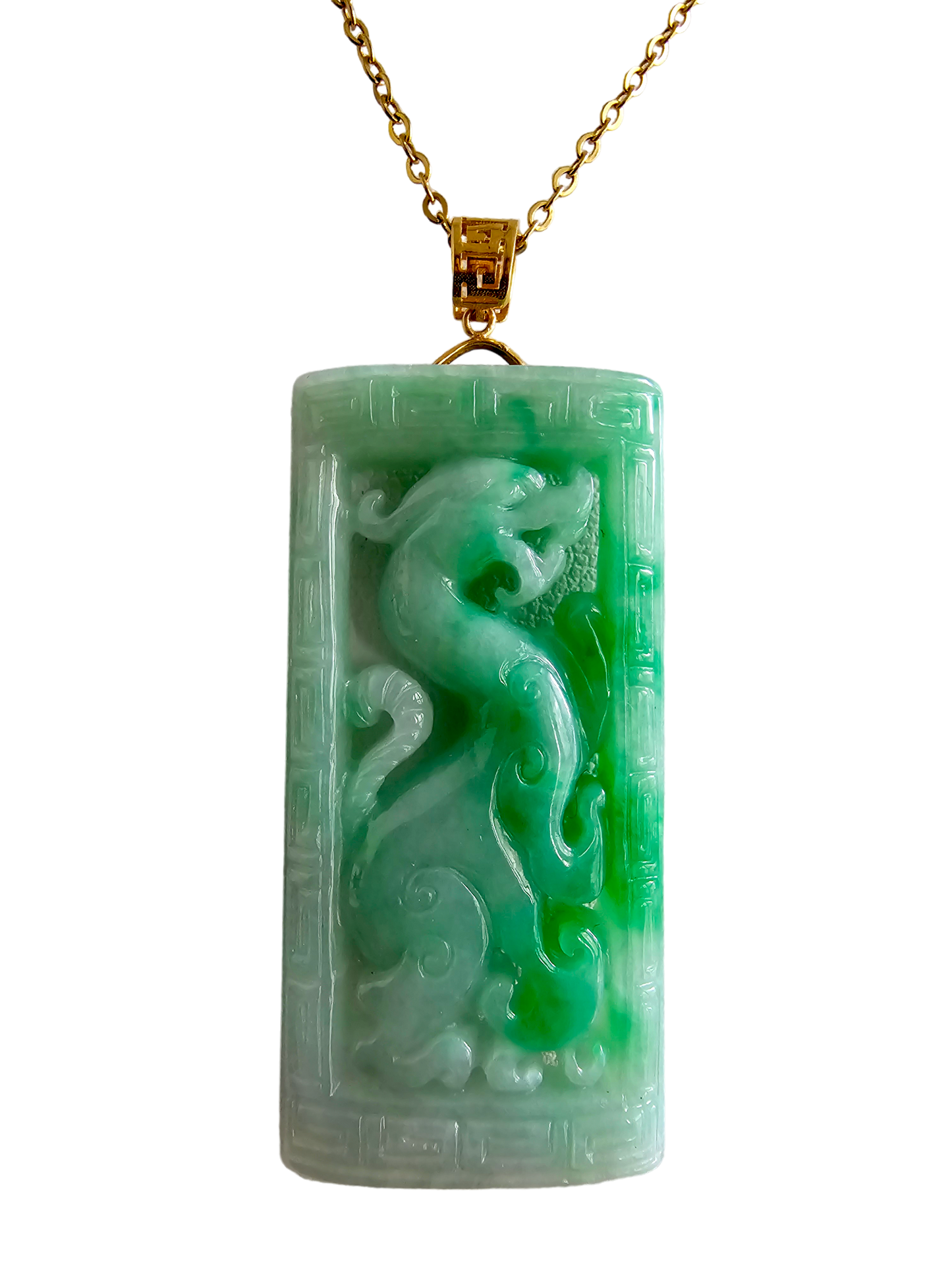 Enchanted Dragon Imperial Burmese A-Jade Jadeite Pendant (with 18K Yellow Gold) - Certified