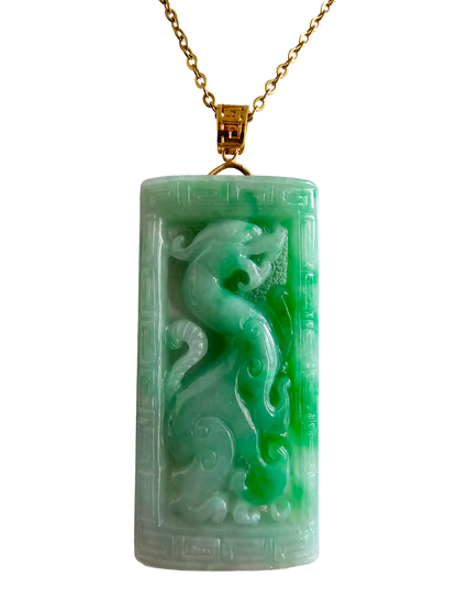 Enchanted Dragon Imperial Burmese A-Jade Jadeite Pendant (with 18K Yellow Gold) - Certified