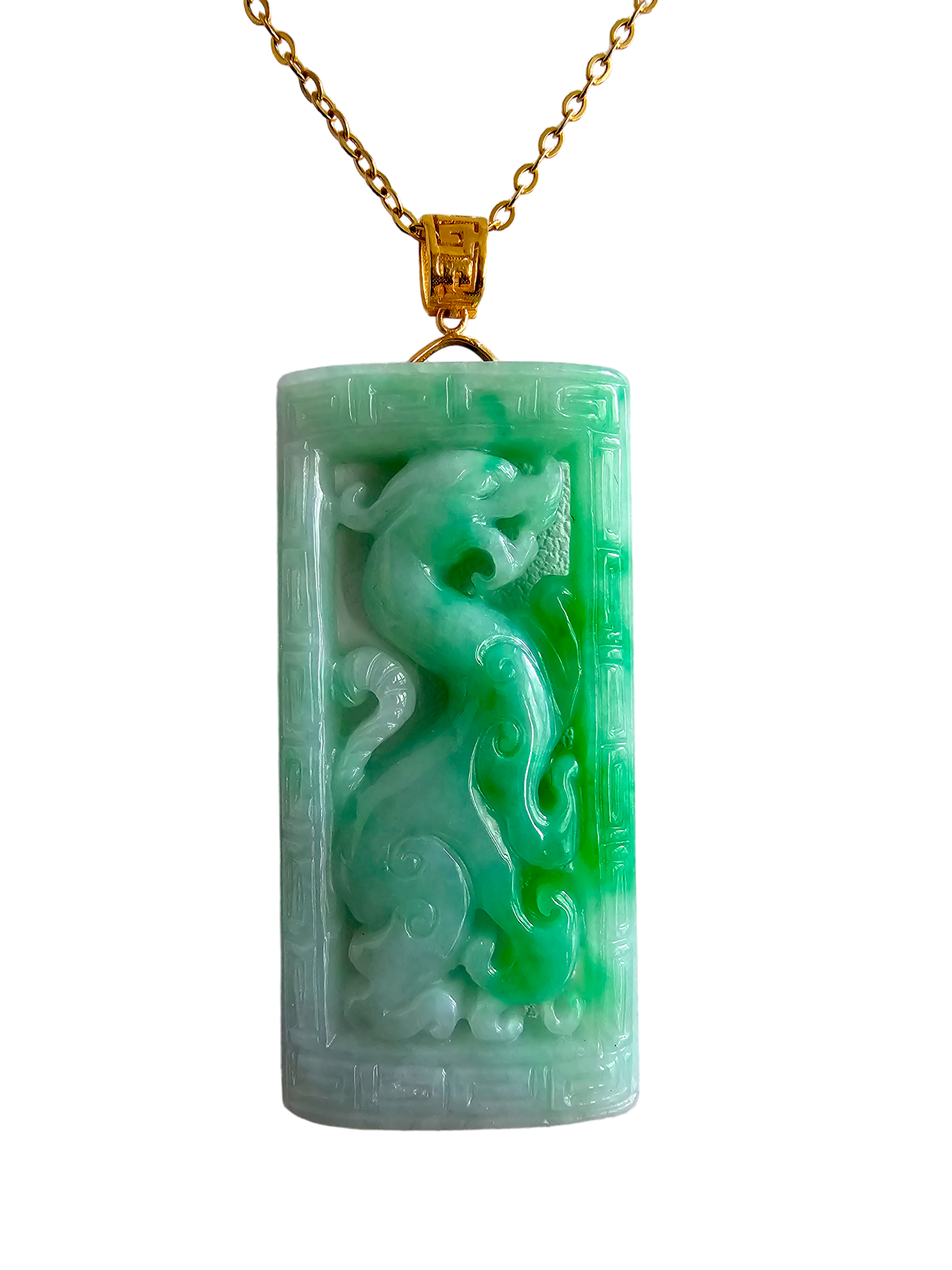 Enchanted Dragon Imperial Burmese A-Jade Jadeite Pendant (with 18K Yellow Gold) - Certified