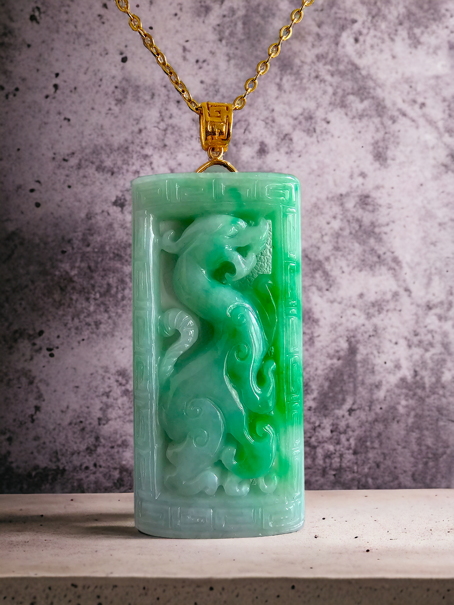 Enchanted Dragon Imperial Burmese A-Jade Jadeite Pendant (with 18K Yellow Gold) - Certified