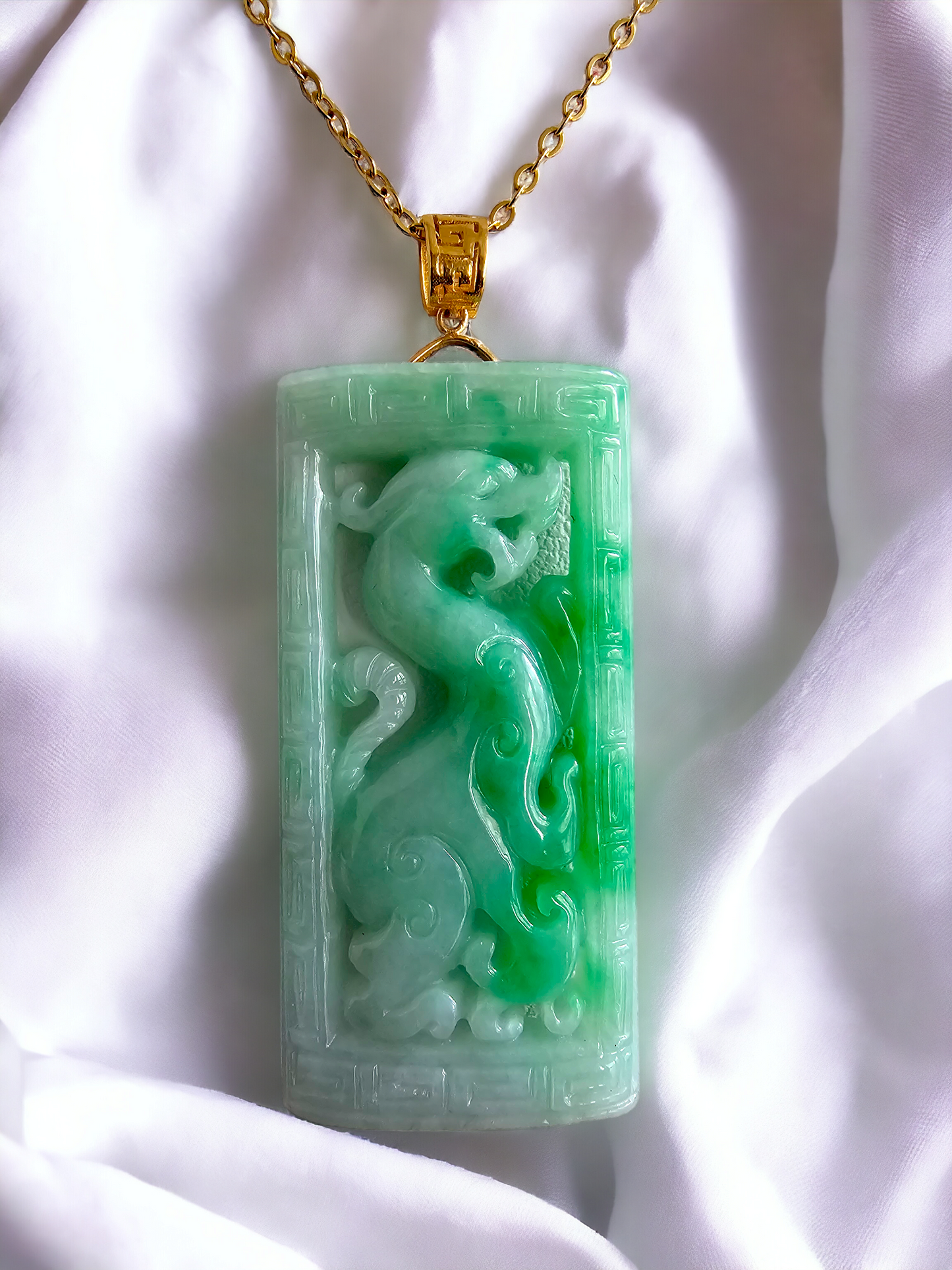 Enchanted Dragon Imperial Burmese A-Jade Jadeite Pendant (with 18K Yellow Gold) - Certified