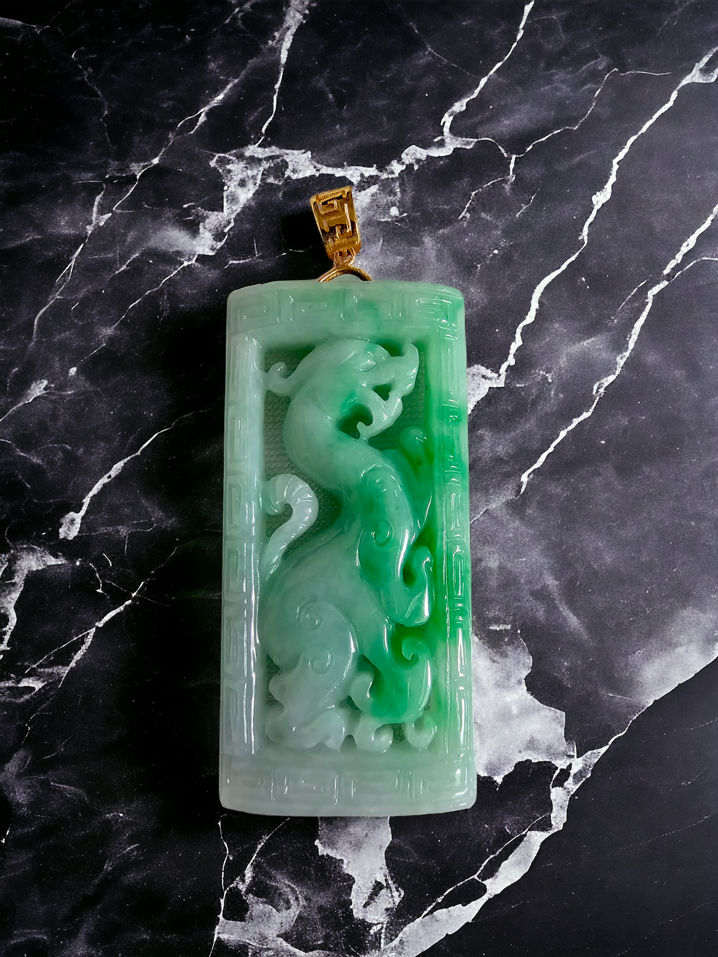 Enchanted Dragon Imperial Burmese A-Jade Jadeite Pendant (with 18K Yellow Gold) - Certified