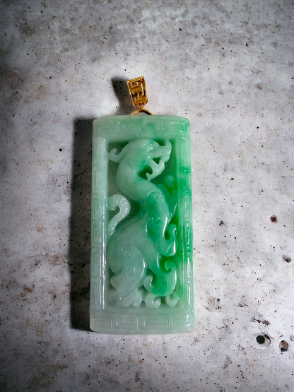 Enchanted Dragon Imperial Burmese A-Jade Jadeite Pendant (with 18K Yellow Gold) - Certified