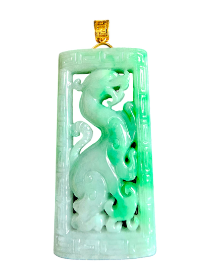 Enchanted Dragon Imperial Burmese A-Jade Jadeite Pendant (with 18K Yellow Gold) - Certified