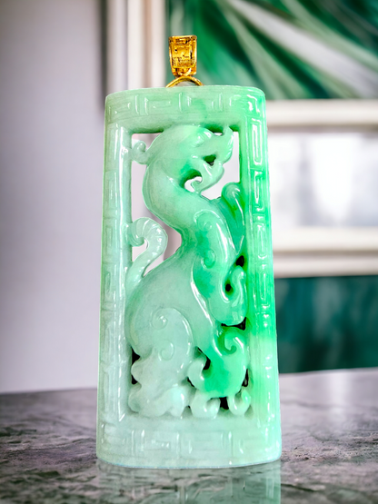 Enchanted Dragon Imperial Burmese A-Jade Jadeite Pendant (with 18K Yellow Gold) - Certified