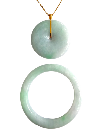 Opulent Offspring Burmese A-Jadeite Donut Pendant and Baby Bangle Set (with 18K Yellow Gold)