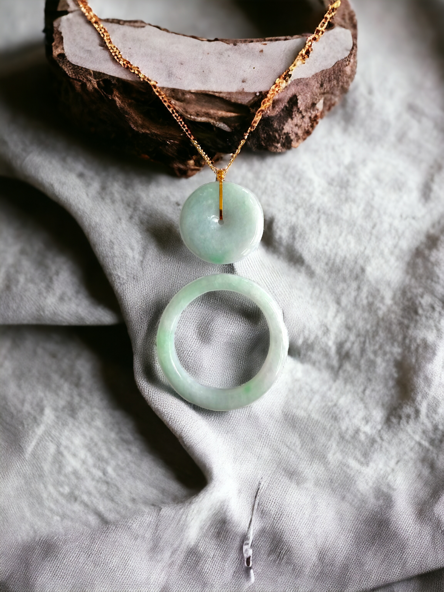 Opulent Offspring Burmese A-Jadeite Donut Pendant and Baby Bangle Set (with 18K Yellow Gold)