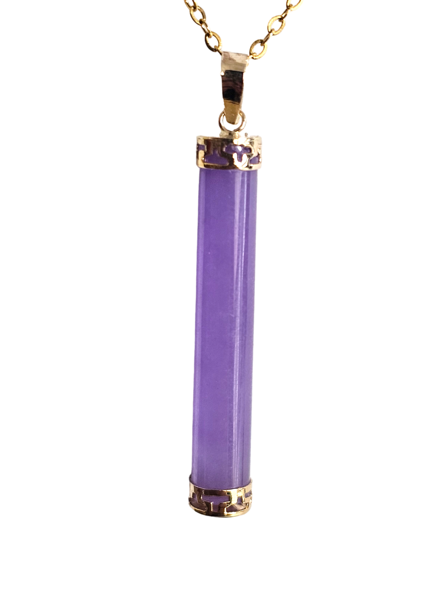 Round Pillar Purple Jade Tube Pendant (With 14K Yellow Gold)