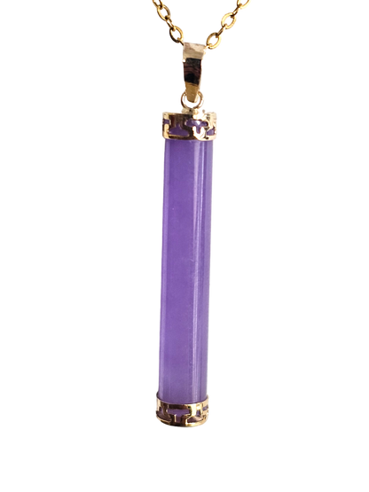 Round Pillar Purple Jade Tube Pendant (With 14K Yellow Gold)