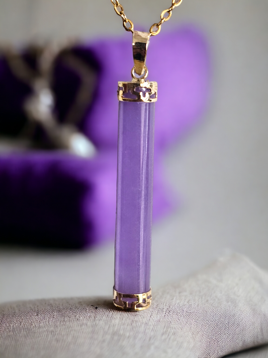 Round Pillar Purple Jade Tube Pendant (With 14K Yellow Gold)