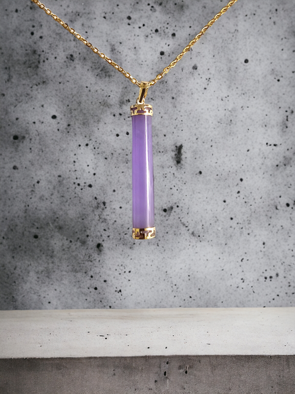 Round Pillar Purple Jade Tube Pendant (With 14K Yellow Gold)