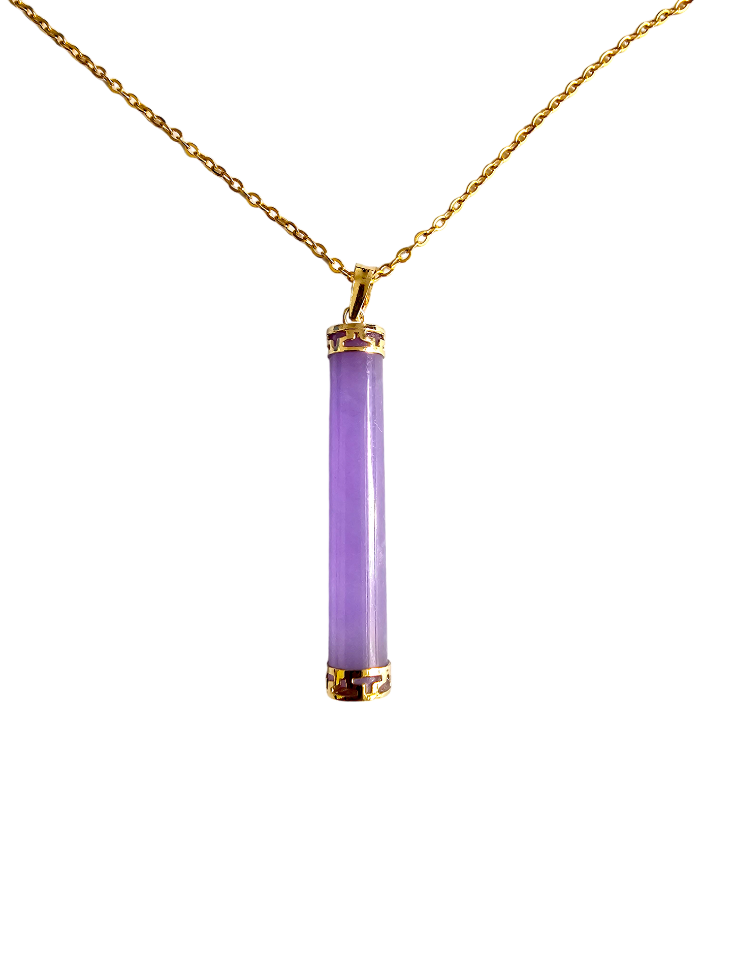 Round Pillar Purple Jade Tube Pendant (With 14K Yellow Gold)