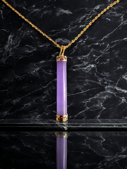 Round Pillar Purple Jade Tube Pendant (With 14K Yellow Gold)