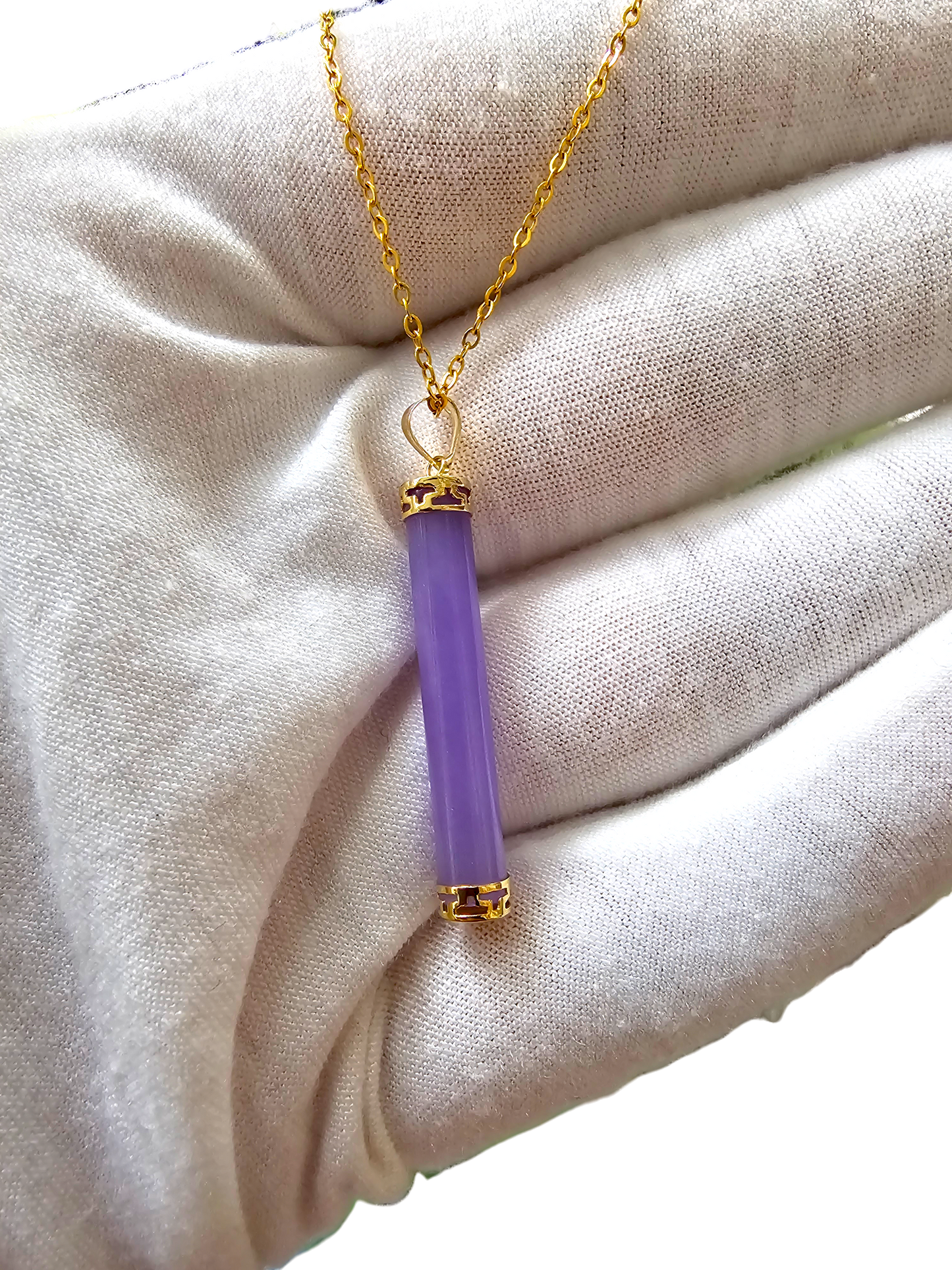 Round Pillar Purple Jade Tube Pendant (With 14K Yellow Gold)